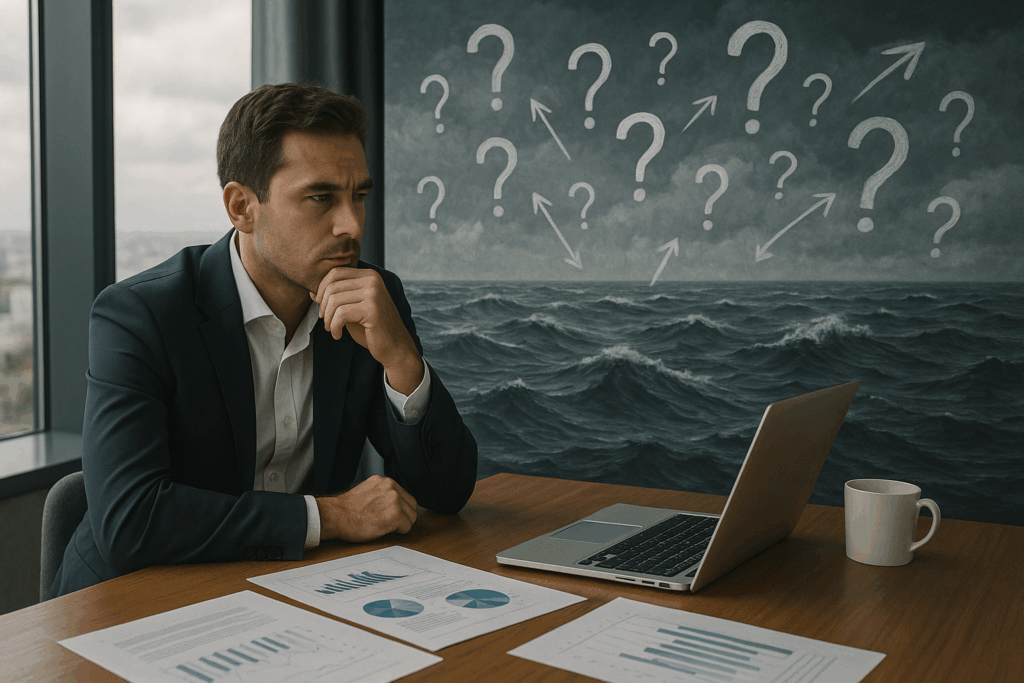 Un homme d’affaires pensif en costume assis à une table avec des graphiques et un ordinateur portable, devant une fresque représentant un océan agité et des points d’interrogation symbolisant l’incertitude stratégique