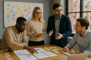 Photo réaliste illustrant une séance de travail collaboratif autour de l’innovation : une équipe mixte échange autour d’un tableau couvert de post-its colorés et de graphiques, symbolisant la dynamique collective et la méthode structurée de DKCP by WedR.