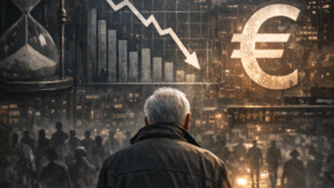 Un homme âgé vu de dos fait face à une foule dans une ville sombre, avec des graphiques économiques en baisse, un symbole de l’euro, un sablier et des pièces, évoquant une crise économique et l’incertitude sociale.