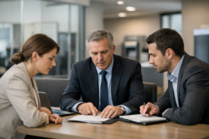 Scène de travail dans une agence bancaire moderne : un manager et deux conseillers en discussion autour d’une décision stratégique, illustrant leadership, coordination et performance durable.