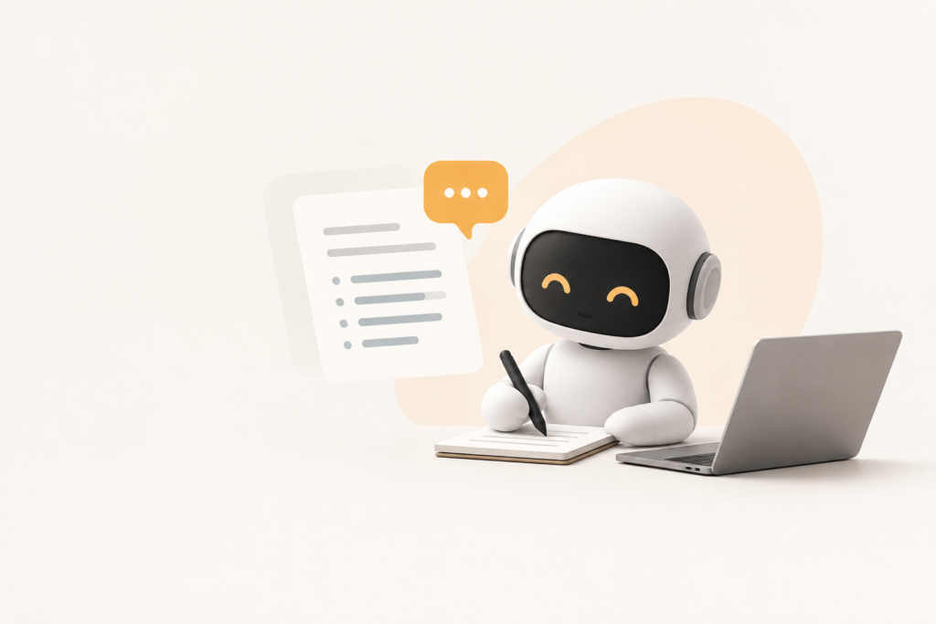 Illustration d’un robot utilisant un ordinateur et prenant des notes, représentant l’adoption de l’IA générative au travail.